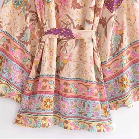 Beige Boho Multi Color Floral Peacock Short Kimono - Picture 4 of 10